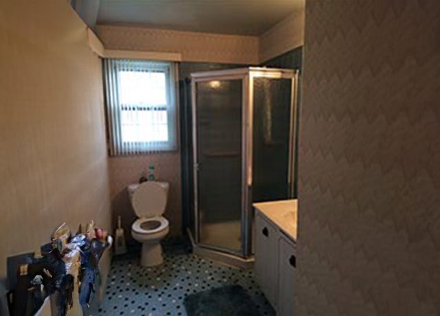 Bathroom with shower stall and toilet.