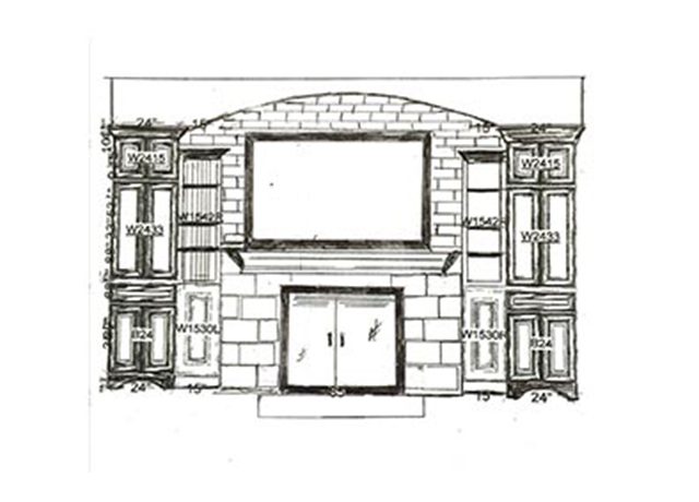 Hand drawn sketch of fireplace and cabinets.