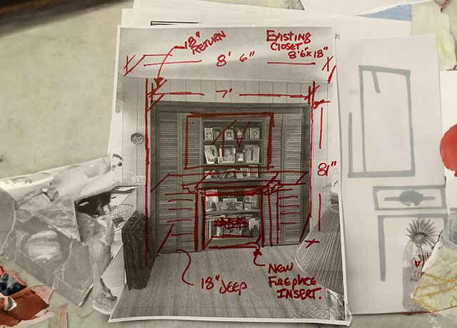 Hand drawn fireplace insert dimensions.